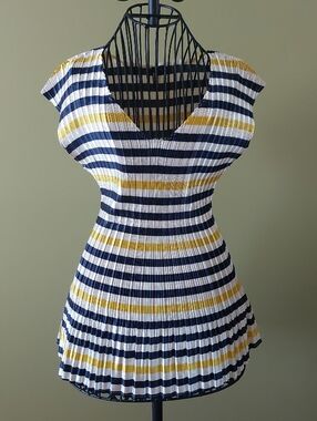 MILANO Navy, White & Yellow Striped Pleated Top, Size L